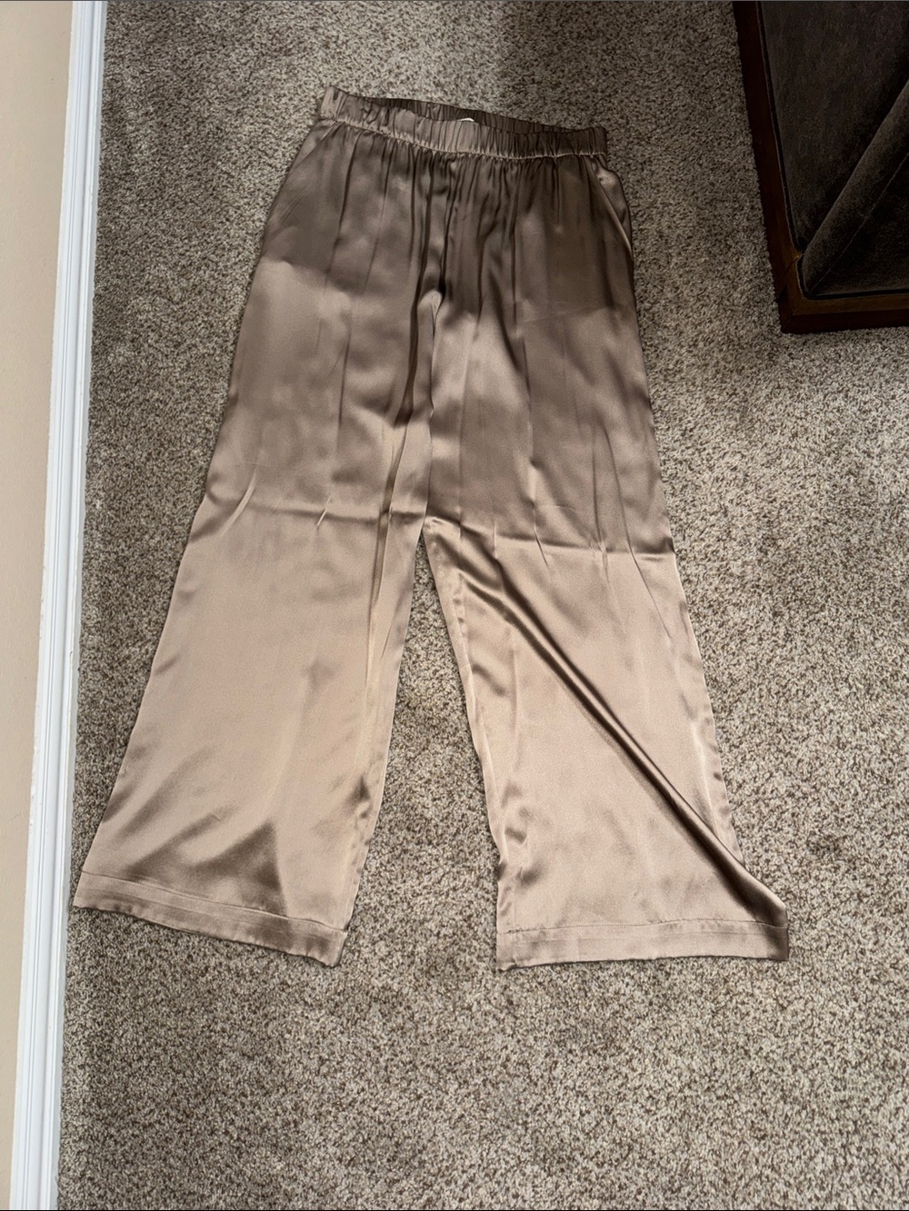 Sablyn Beige satin like wide leg pants with elastic waist